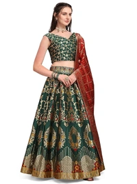 Deepa's Vasthraalayam Women's Jacquard Semi-Stitched Lehenga choli - Semi Stitched, Dark Green