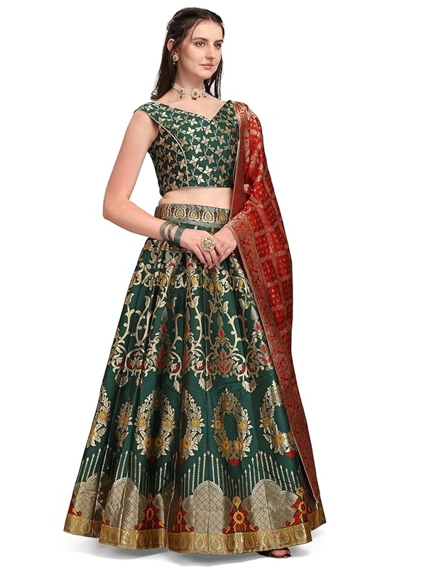 Deepa's Vasthraalayam Women's Jacquard Semi-Stitched Lehenga choli - Semi Stitched, Dark Green