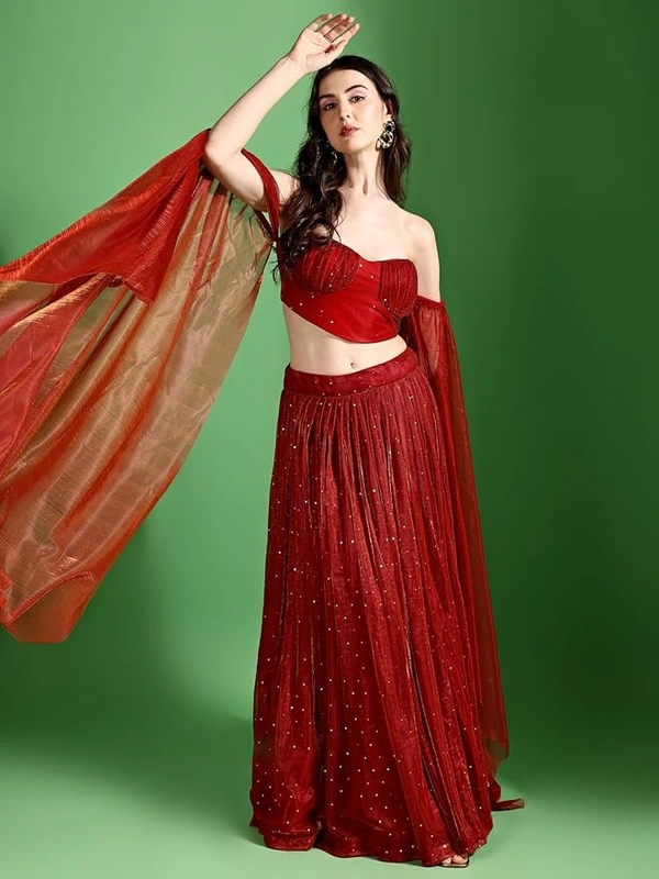 Deepa's Vasthraalayam Women's Polyester Semi-Stitched Lehenga Choli - Semi Stitched, Red