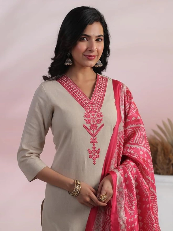 Deepa's Vasthraalayam Women's Rayon Embroidered Straight Kurta with Pant & Dupatta - 4XL, Pink