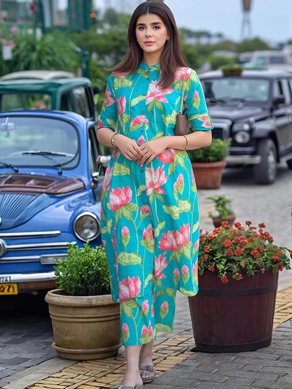 Deepa's Vasthraalayam Women's Rayon Printed A-Line Kurta with Pant - S, Green