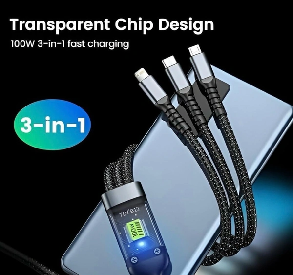 3-in-1 Fast Charging Cable | 120W, 6A | USB 3.0 | 1.2 Meter (4 Feet) | Type-C + Micro USB | Data Transfer Cable for Mobile & Tablets