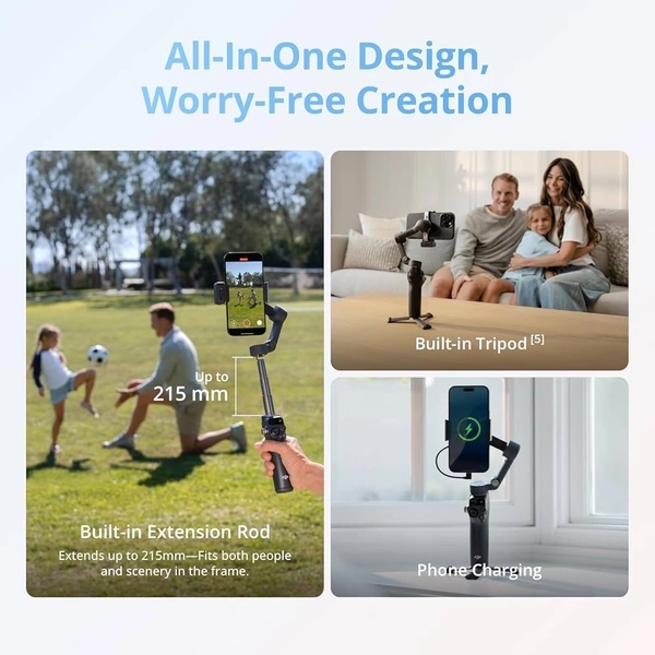 DJI Osmo Mobile 8 Gimbal Stabilizer for Phone, Native Tracking with Audio & Lighting, 360° Pan Rotation, Built-in Extension Rod & Tripod, 10h Battery, Extension Rod, Robust 3-Axis Stabilization