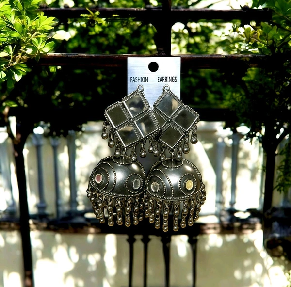 Elegant Oxidized Silver Mirror Jhumka Earrings
