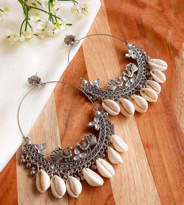 Oxidised Hoop Earrings with Cowrie Shells for Women & Girls