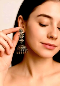 Silvana Oxidised Floral Hoop Jhumka Earrings for Women & Girls - Gray, Free