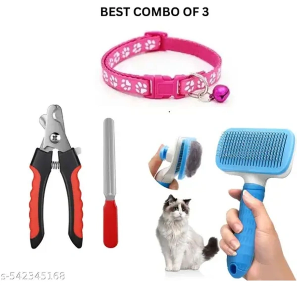 Complete Pet Care Combo - Stylish Collar with Bell + Nail Clipper Set + Slicker Brush (Set of 3)