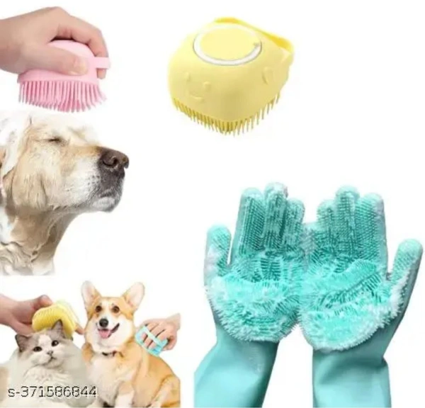 1 pair of silicon dog bathing hand gloves + Pet Dog Bath Brush Soft Silicone Dog Shampoo Brush, Brush Hair Fur Grooming Cleaning Brush Soft Shampoo.