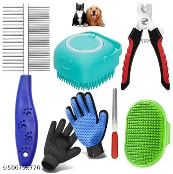 PET FUN 6-in-1 Pet Grooming Kit -

Dog & Cat Bathing Glove, Deshedding Wishlisted Share Glove, Nail Clipper with File & Rubber Scrubber, Double Steel Comb - Professional Pet Care Set for Dogs & Cats - Pack of 6