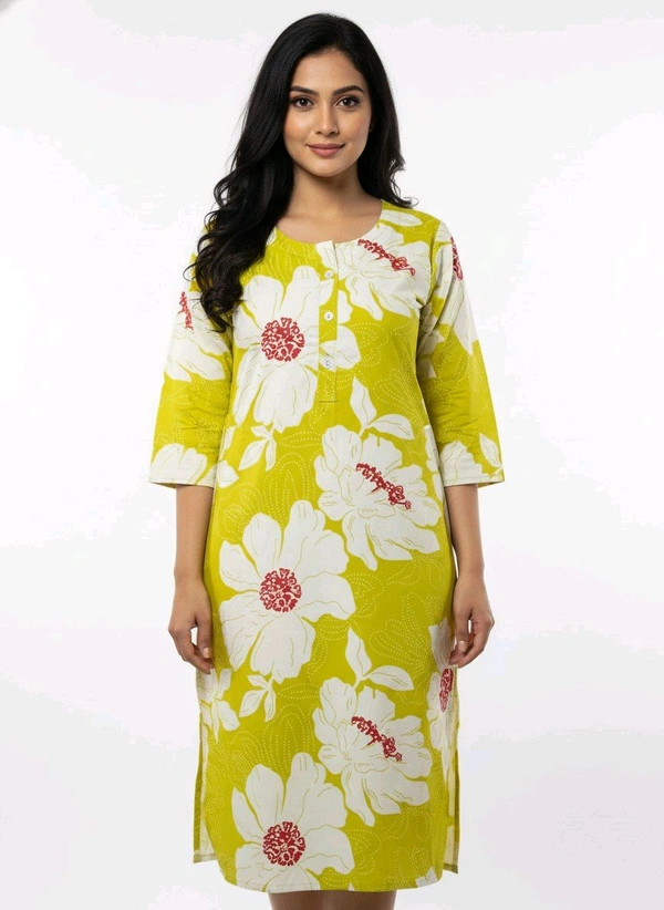 Thrinaiga Floral Printed Pure Cotton Kurti Yellow - M