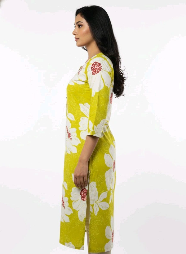 Thrinaiga Floral Printed Pure Cotton Kurti Yellow - M