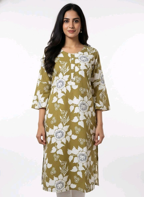 Thrinaiga Floral Printed Pure Cotton Kurti Olive Green - M