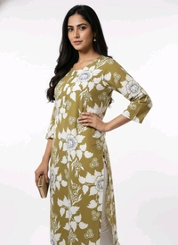 Thrinaiga Floral Printed Pure Cotton Kurti Olive Green - M