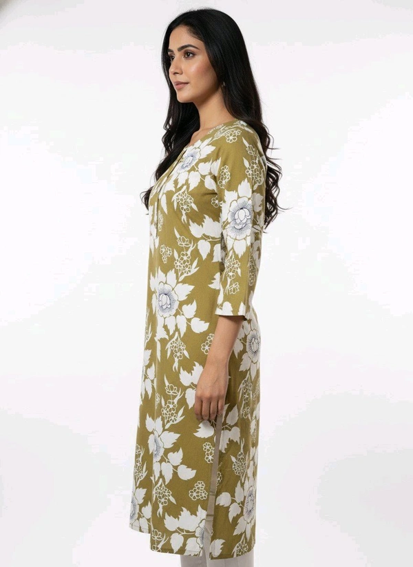 Thrinaiga Floral Printed Pure Cotton Kurti Olive Green - M