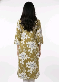 Thrinaiga Floral Printed Pure Cotton Kurti Olive Green - M