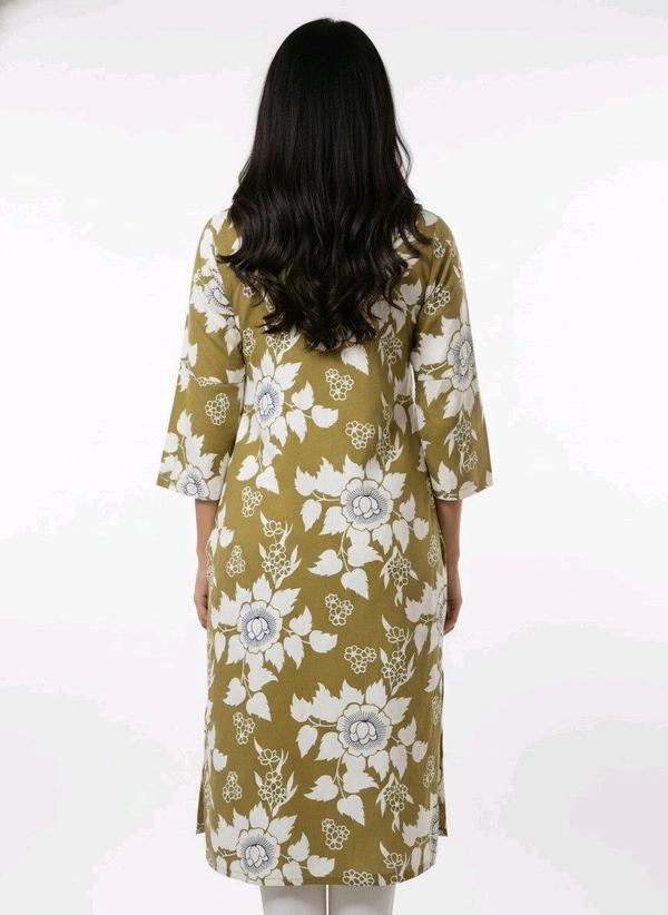 Thrinaiga Floral Printed Pure Cotton Kurti Olive Green - M