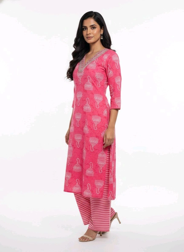 S K S Fashion Floral Printed Cotton Kurti With Palazzo Rose - M