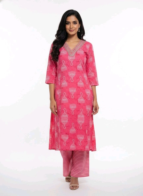 S K S Fashion Floral Printed Cotton Kurti With Palazzo Rose - M