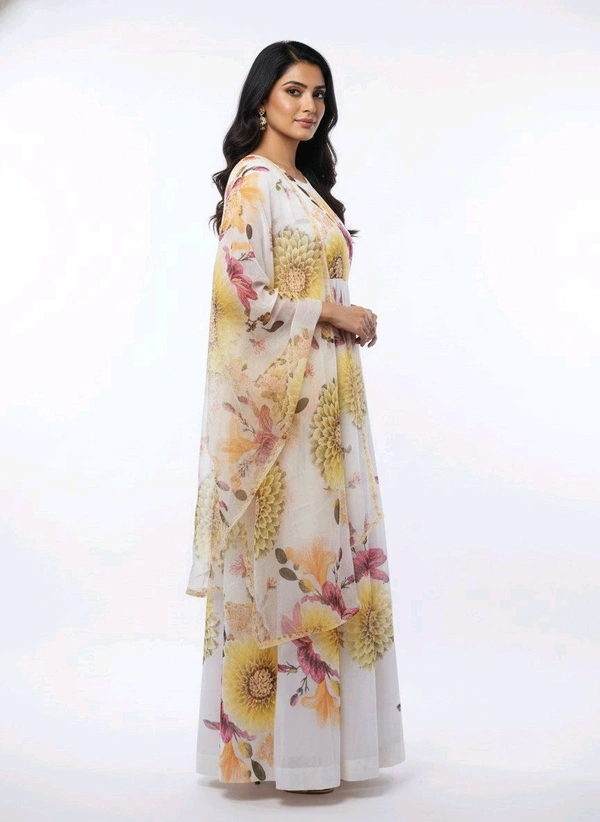 J D 131 Floral Printed Umbrella Top With Shawl White & Yellow - XL
