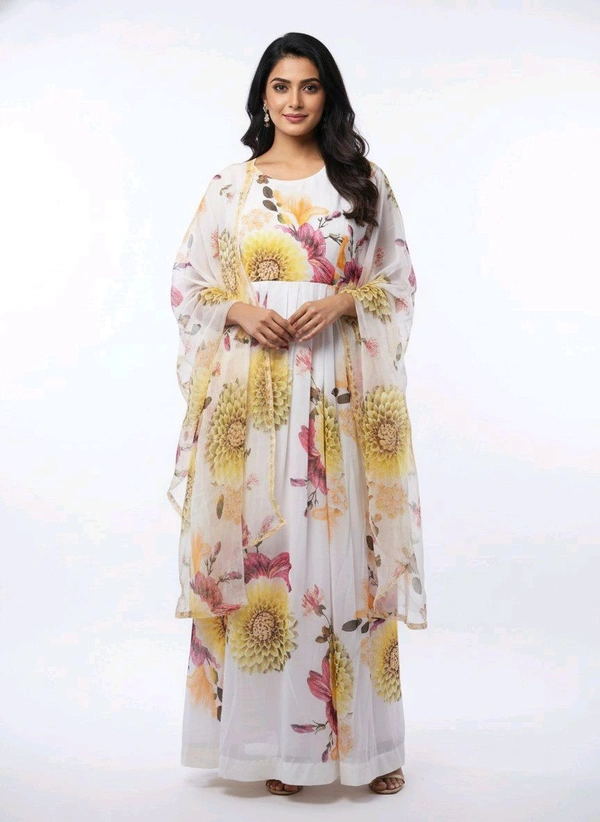 J D 131 Floral Printed Umbrella Top With Shawl White & Yellow - XL