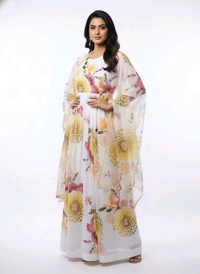 J D 131 Floral Printed Umbrella Top With Shawl White & Yellow - XL