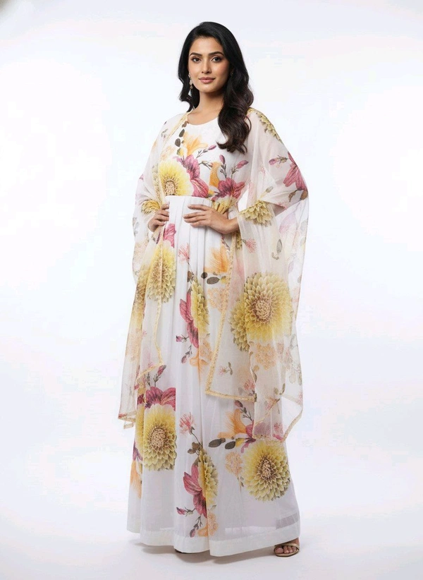 J D 131 Floral Printed Umbrella Top With Shawl White & Yellow - XL