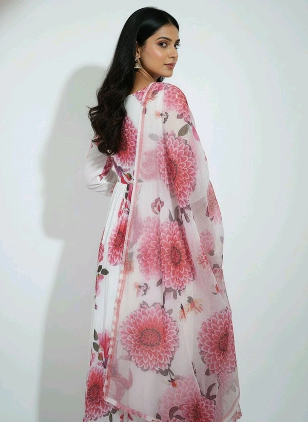 J D 131 Floral Printed Umbrella Top With Shawl White & Rose - XL