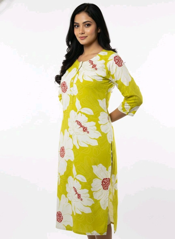 Thrinaiga Floral Printed Pure Cotton Kurti Yellow - L