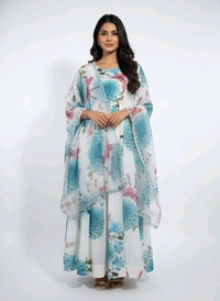 J D 131 Floral Printed Umbrella Top With Shawl White & Sky Blue - XL