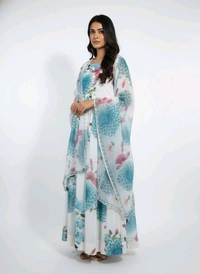 J D 131 Floral Printed Umbrella Top With Shawl White & Sky Blue - XL