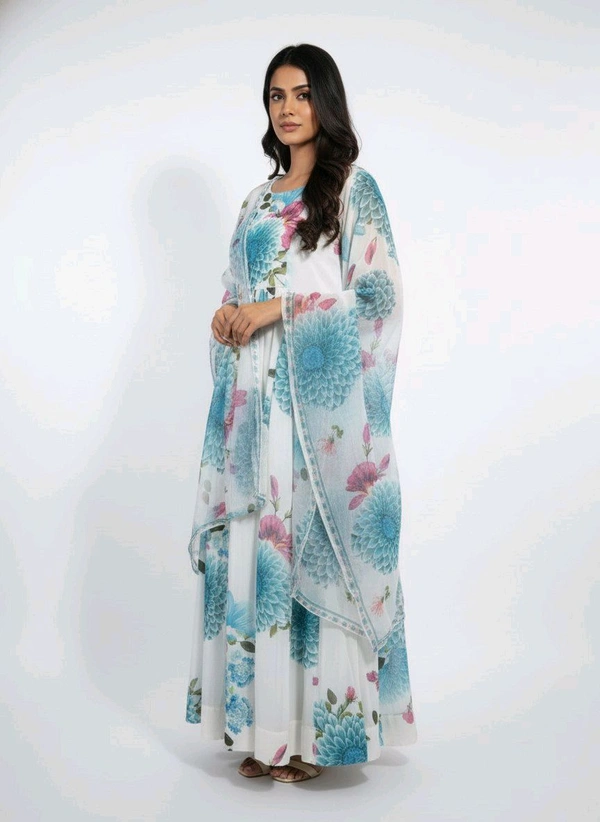 J D 131 Floral Printed Umbrella Top With Shawl White & Sky Blue - XL