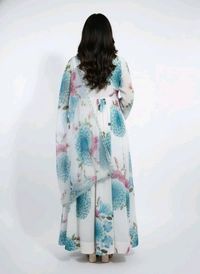 J D 131 Floral Printed Umbrella Top With Shawl White & Sky Blue - XL