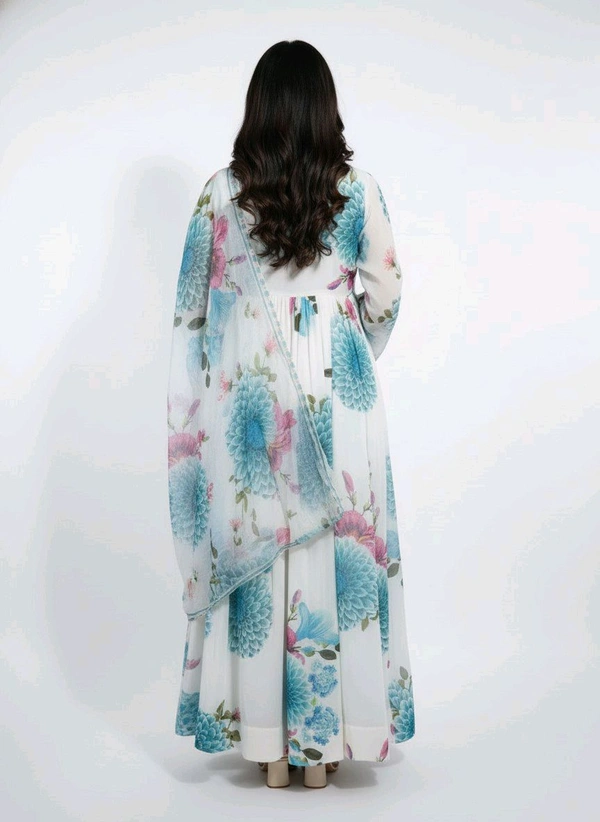 J D 131 Floral Printed Umbrella Top With Shawl White & Sky Blue - XL
