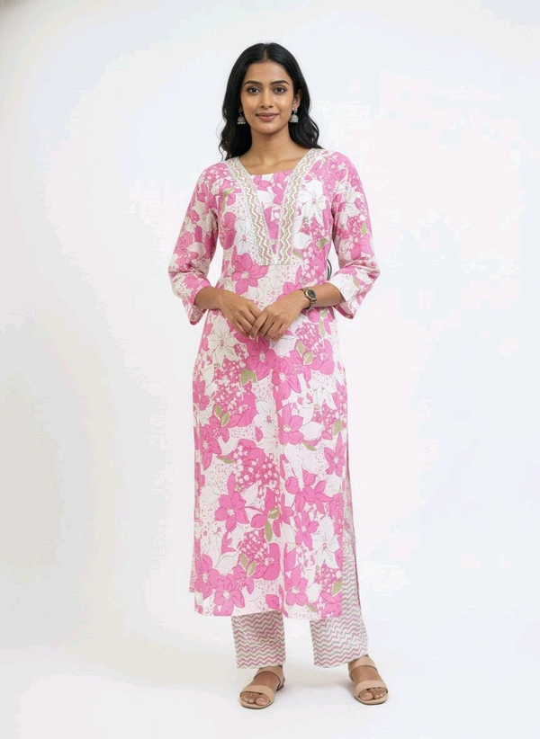 S K S Fashion Floral Printed Cotton Kurti With Palazzo Pink - XXL