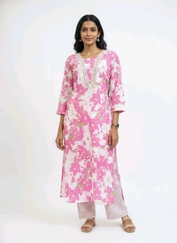 S K S Fashion Floral Printed Cotton Kurti With Palazzo Pink - XXL