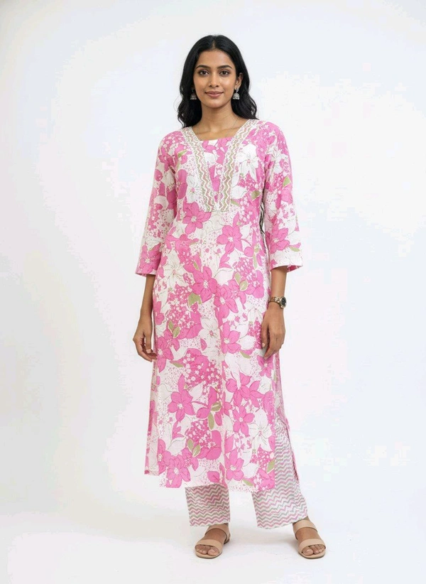 S K S Fashion Floral Printed Cotton Kurti With Palazzo Pink - XXL