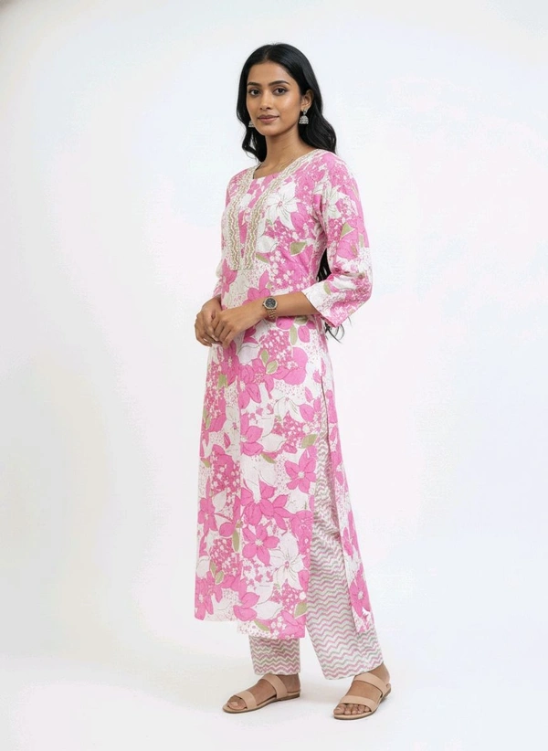 S K S Fashion Floral Printed Cotton Kurti With Palazzo Pink - M