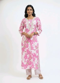 S K S Fashion Floral Printed Cotton Kurti With Palazzo Pink - M