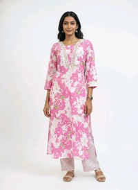 S K S Fashion Floral Printed Cotton Kurti With Palazzo Pink - M