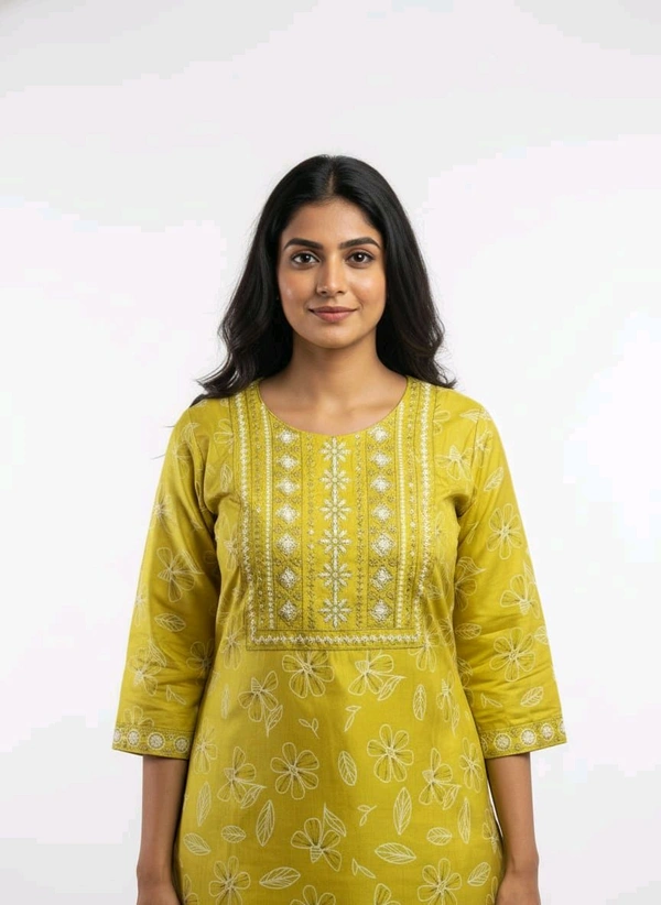 Thrinaiga Floral Embroidary Vatican Silk Kurti Canary Yellow - L