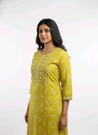 Thrinaiga Floral Embroidary Vatican Silk Kurti Canary Yellow - L