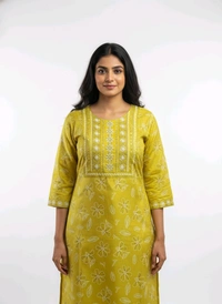 Thrinaiga Floral Embroidary Vatican Silk Kurti Canary Yellow - L
