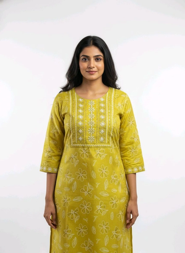 Thrinaiga Floral Embroidary Vatican Silk Kurti Canary Yellow - L