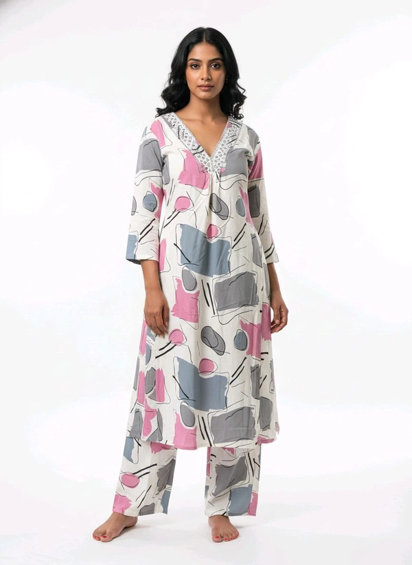 Thrinaiga The Rose Quartz Dream Palazzo Set - White Grey And Pink, XXL