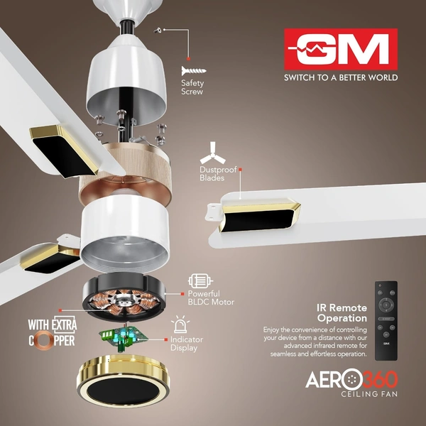 GM Aero 360 1200 mm BLDC Ceiling Fan - White Gold