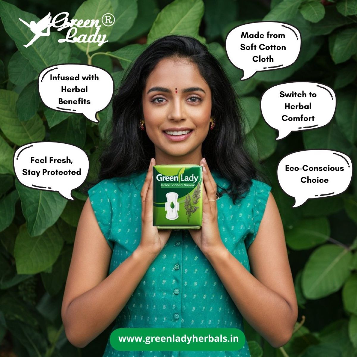 Woman holding a Green Lady herbal sanitary napkin pack amid green leaves