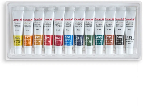 CAMEL Camel Artists Acrylic Colours 12 Shades - 9 ml Each (Set of 12, Multicolor)