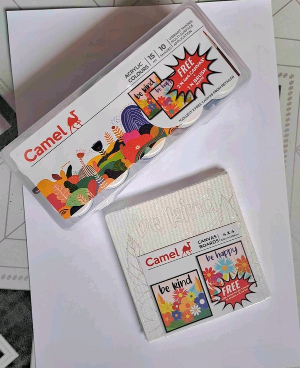 Camel Acrylic Ultra Colour & 2 Canvas ( 2" X 2" – 12 Rich Shades (15ml each) 