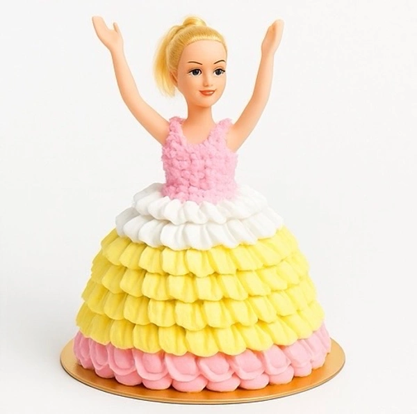 Wowkeet Doll Princess Cream Cake – Pink & Yellow Ruffle Design - 10–12 inches, 1.5 kg – 2 kg