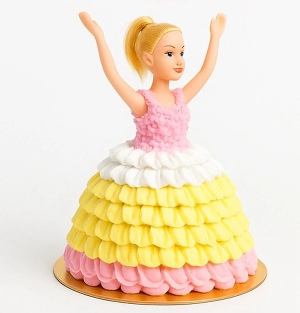 Wowkeet Doll Princess Cream Cake – Pink & Yellow Ruffle Design - 10–12 inches, 1.5 kg – 2 kg
